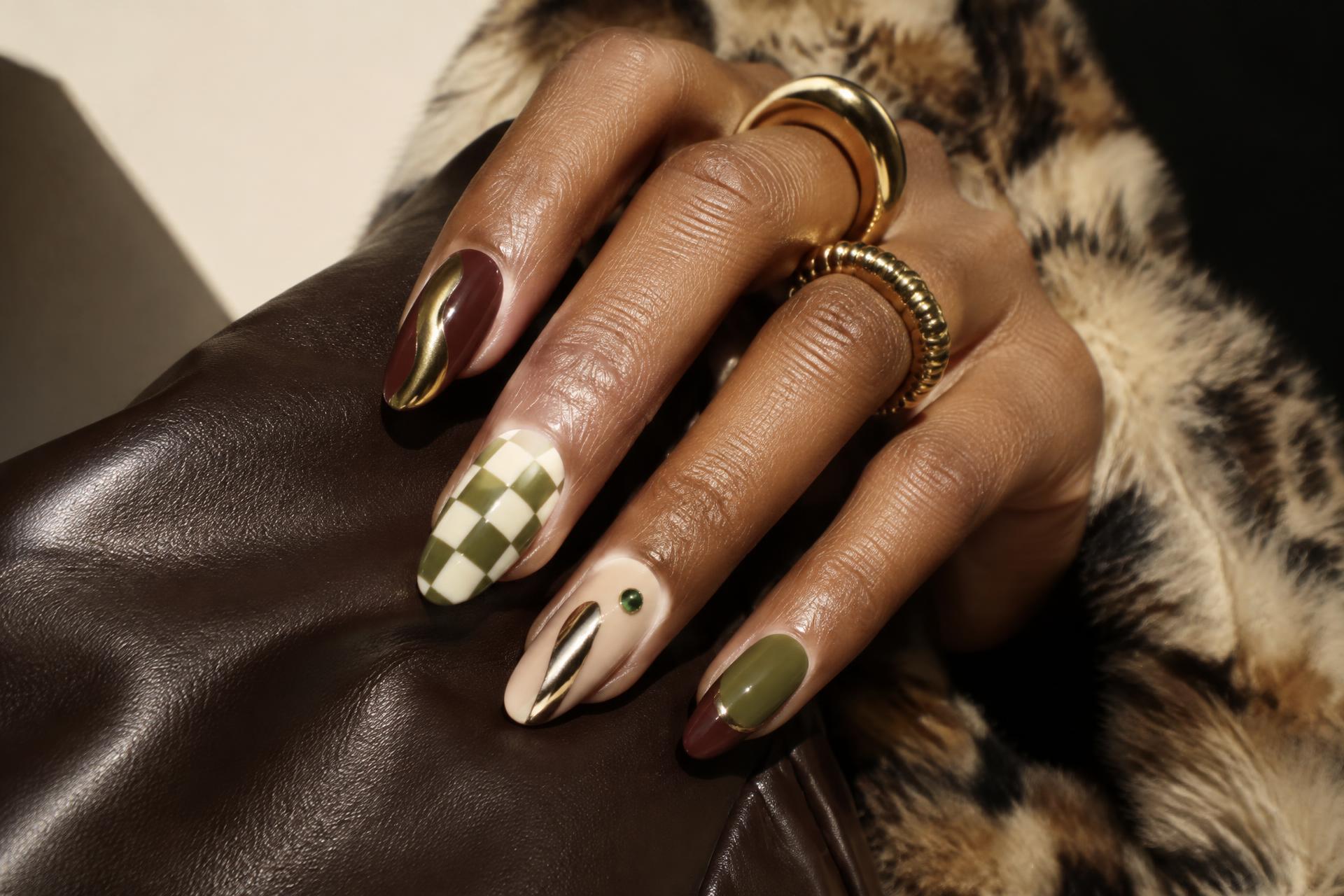 Burgundy, olive and checkerboard nail art