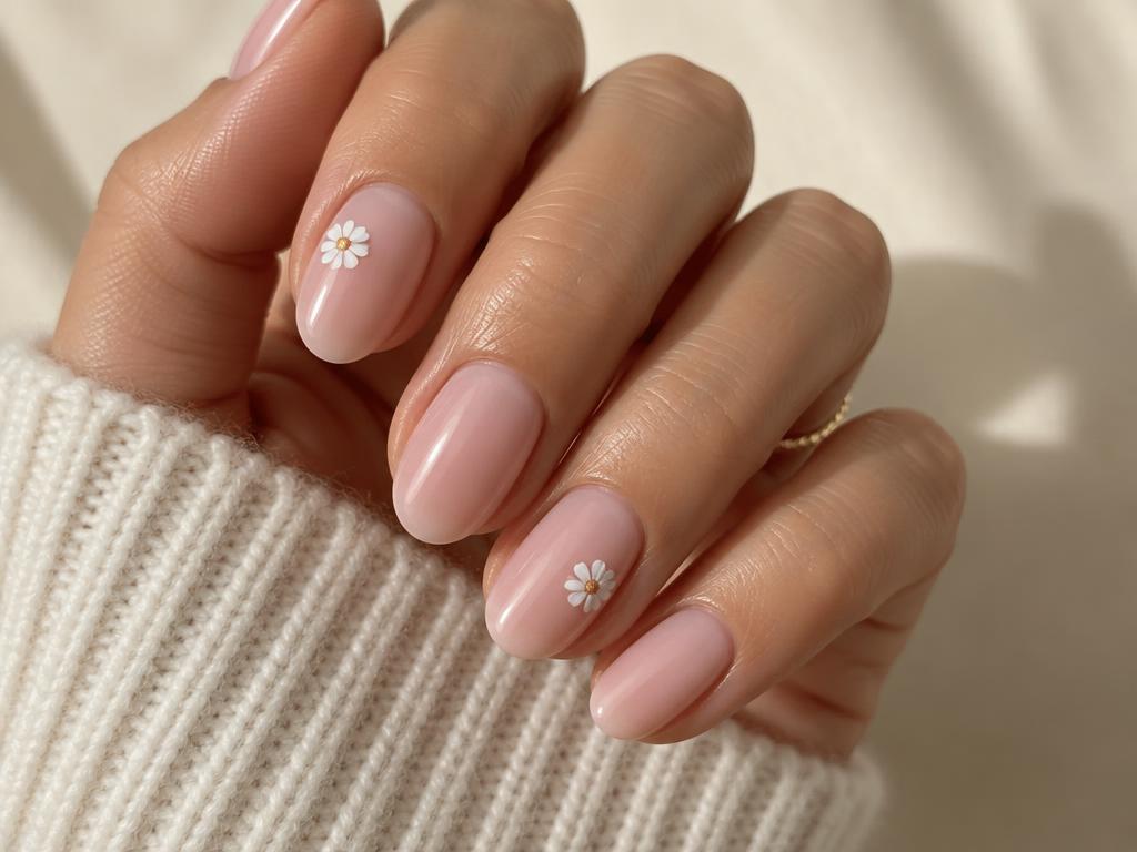 Nude gel manicure with small daisy accents