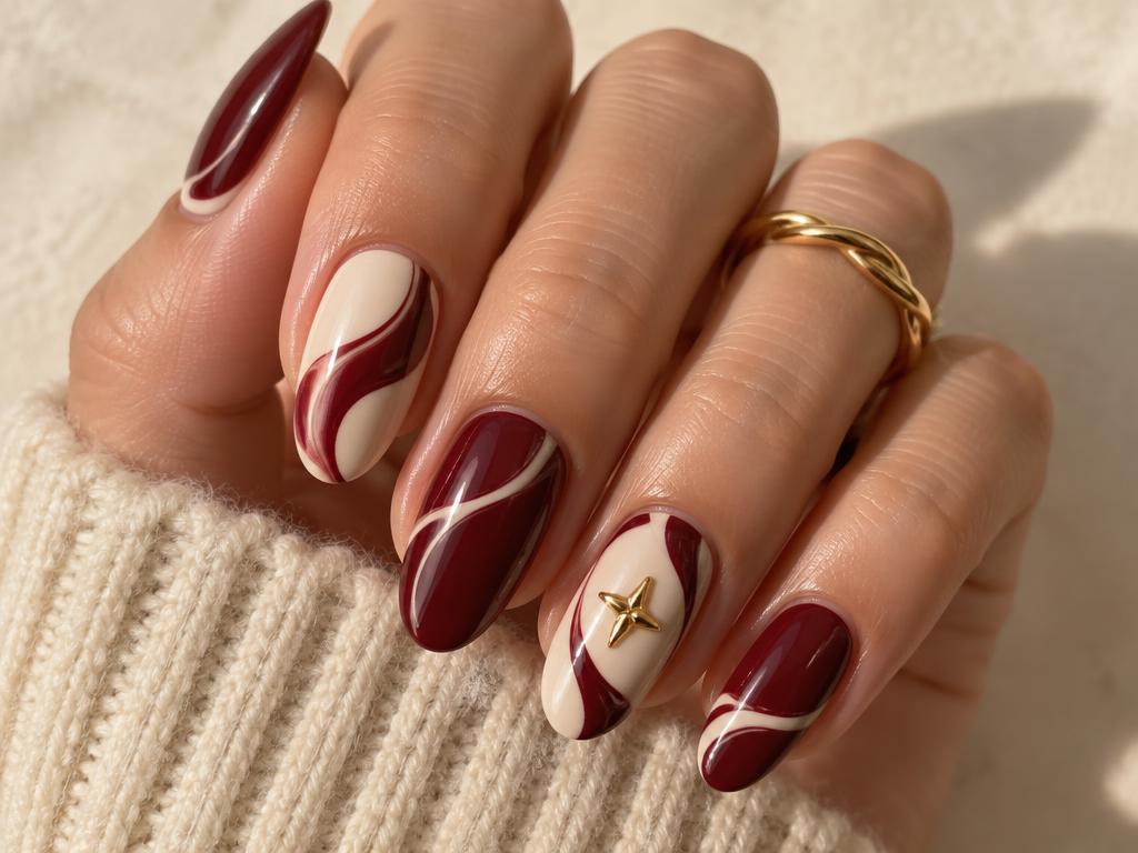 Burgundy and cream swirl nails with a gold charm