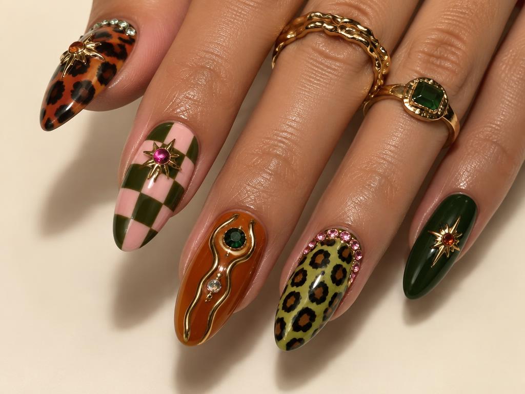 Mixed leopard, checkerboard, and charm maximalist nail art